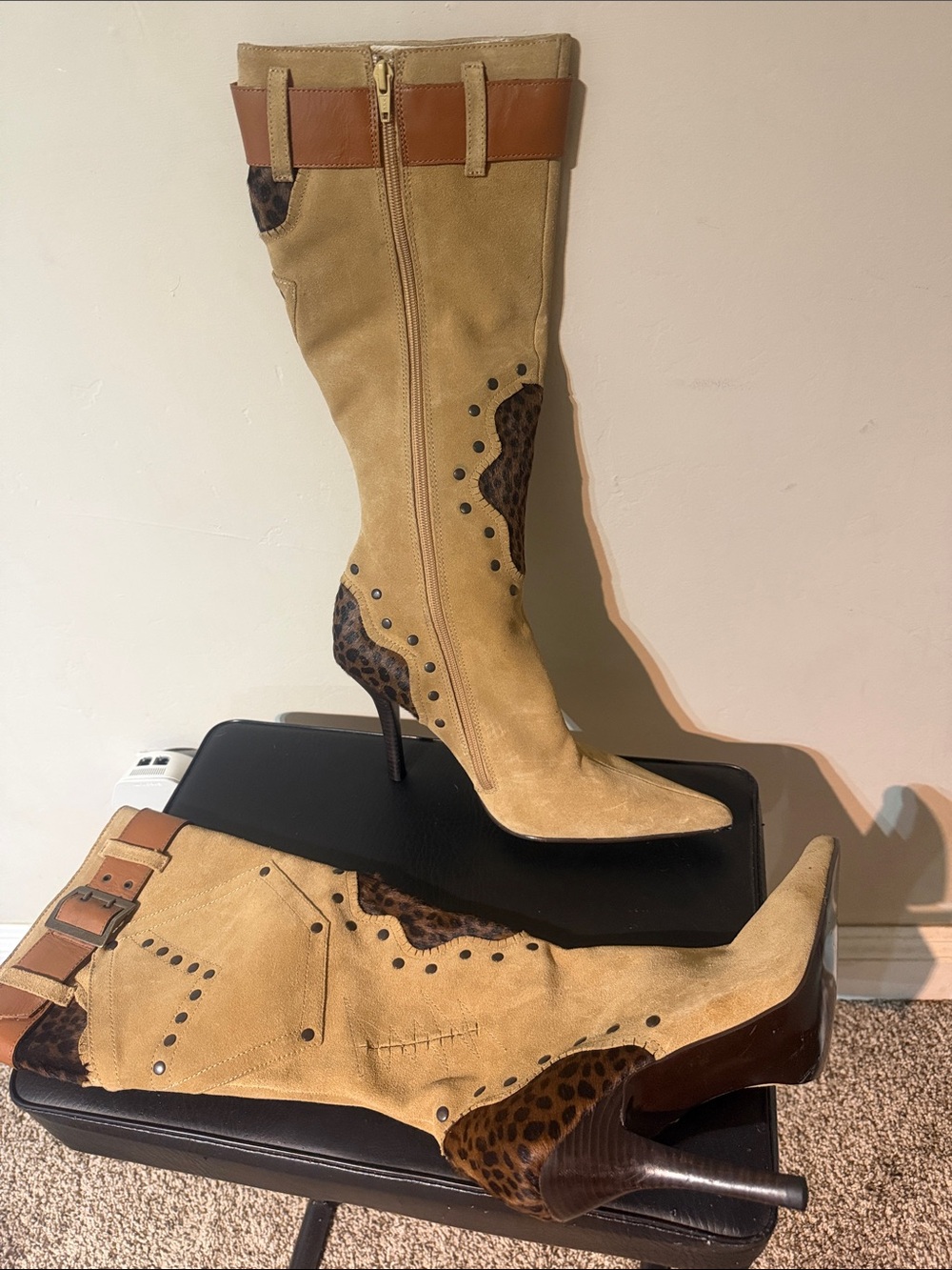 Steve Madden Tan Suede Knee Length Stiletto Boots with Leopard Trim